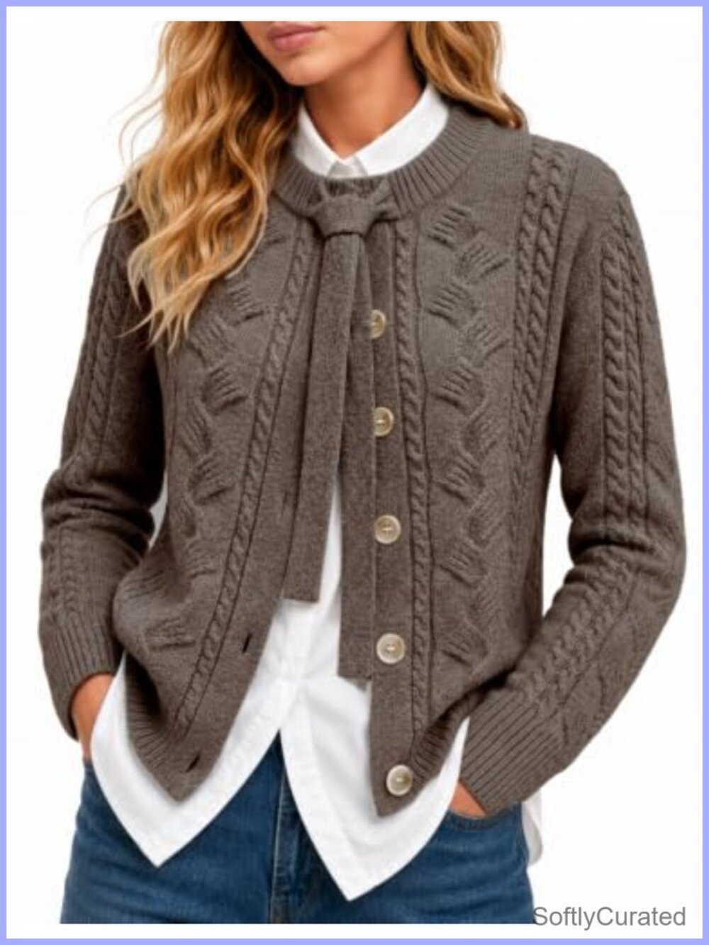 Wool Cable Knit Button Cardigan Bow Crew Neck Long Sleeve Fitted